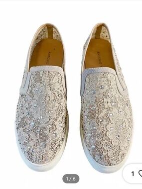 ANTONIO MELANI Beige Lace Slip-On Sneakers with Embellished Accents